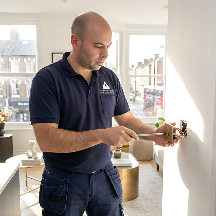 Electrician performing EICR safety inspection in Abridge home